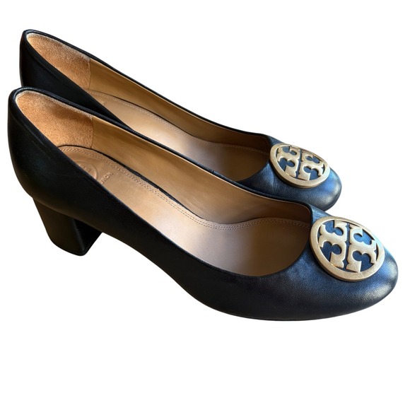 $298 TORY BURCH Chelsea Black Leather Gold DoubleT Logo Block Heel